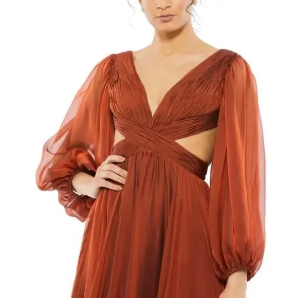 Mac Duggal Long Sleeve Cut Out Lace Up Tiered Chiffon Gown In Copper 67948 - Picture 2 of 8